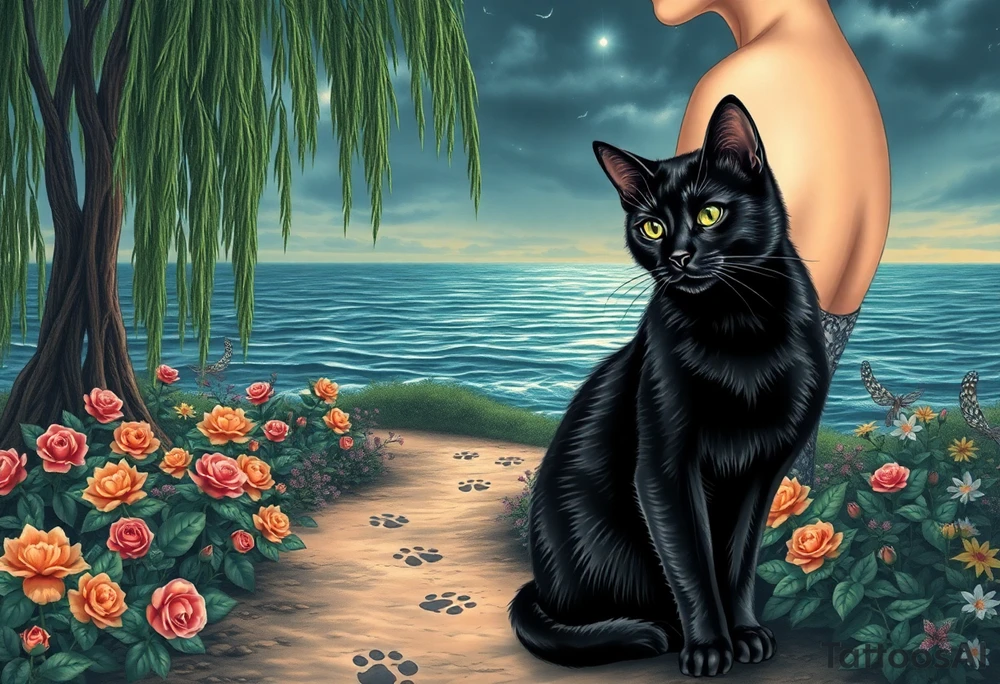 Night time. Ocean.  weeping willow garden with roses and liles flower beds. fantasy creatures, fairies, mermiads, dragons butterflies,  cat paw prints path in dirt. Black cat and orange cat tattoo idea