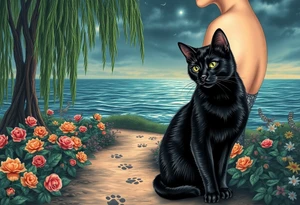 Night time. Ocean.  weeping willow garden with roses and liles flower beds. fantasy creatures, fairies, mermiads, dragons butterflies,  cat paw prints path in dirt. Black cat and orange cat tattoo idea