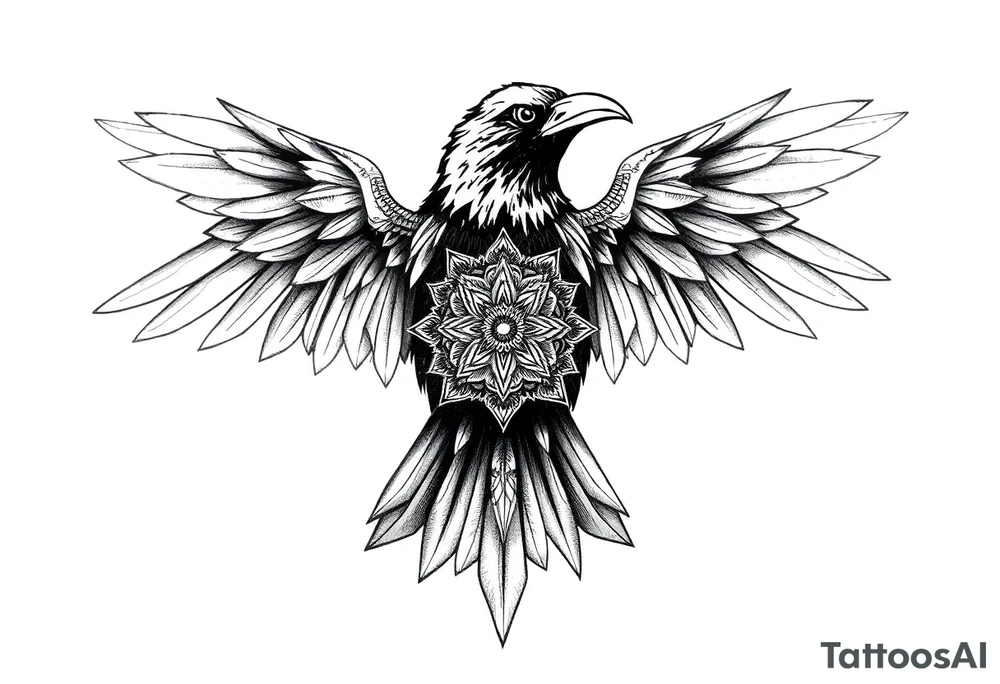 ominouse raven with mandala on its wings tattoo idea