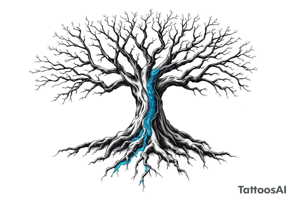 Black and white deciduos Tree with roots. Blue water inside the whole tree like many thin veins, flows from the brunches to the roots tattoo idea