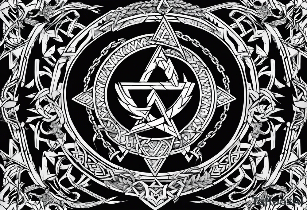 Valhalla sword shield dragon axe Valknut barbed wire chains tribal tattoo idea Valhalla sword shield dragon axe Valknut barbed wire chains tribal tattoo idea