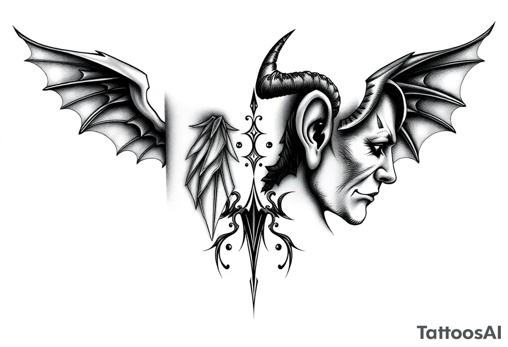 position behind the neck Angel (on the right) whispering in the right ear, demon (on the left) whispering in the left ear. It must be as realistic as possible. tattoo idea