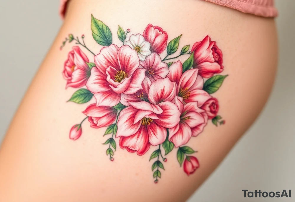 Realistic roses tulips and lilies 
and leaves with embellishments tattoo idea