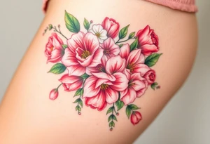 Realistic roses tulips and lilies 
and leaves with embellishments tattoo idea