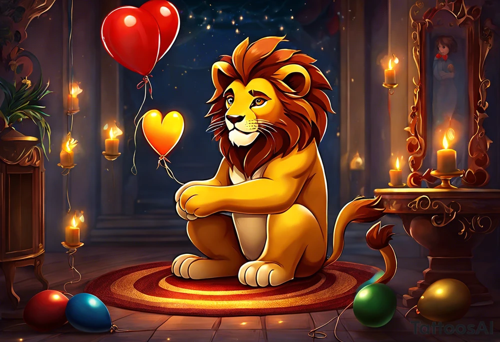 Adult serious tatoo
A little lion boy is holding a string to the hearth shaped small party baloon.
lion boy should be drawed from behind and has one hand reaching up in 45 degree angle and holding the baloon string
On the string is a wave which look like a hearbeat pulse.
draw it without any scenery, without any background. Just a boy 
Add heartbeat pulse on the string tattoo idea