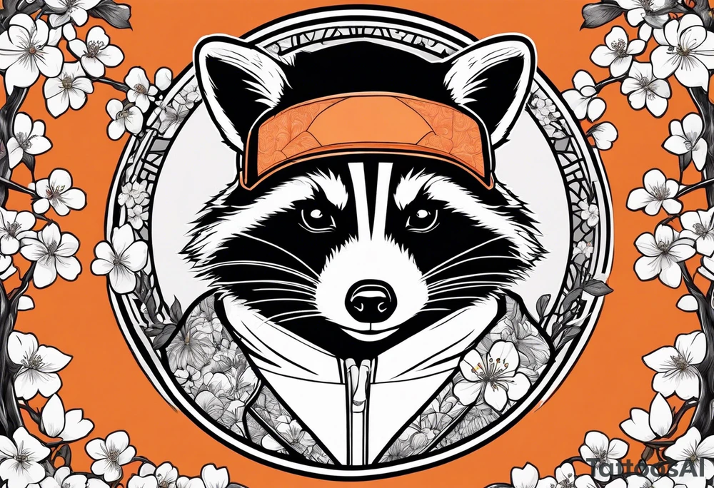 Raccoon wearing a white Superman logo on a black hoodie and orange Japanese cherry blossoms tattoo idea
