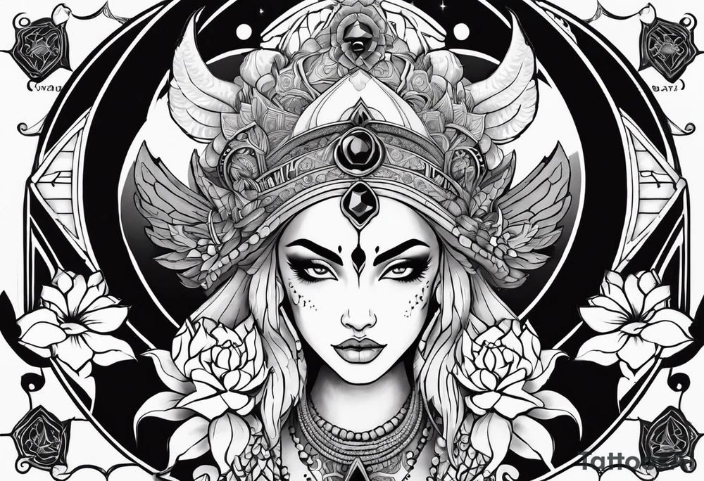 kali ma, alien goddess, valkrye, aries, pirate, divine feminine, zenza resonance, pachamama, lotus azul, blank panther, eagle, skull, 5D, nueva gaya, dna 12, left side chest tatoo tattoo idea