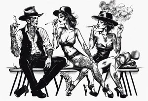 One with one man and one woman, both without hats or glasses. A man with earrings in his ears stands smoking a cigarette, a woman sits with her legs wide apart tattoo idea