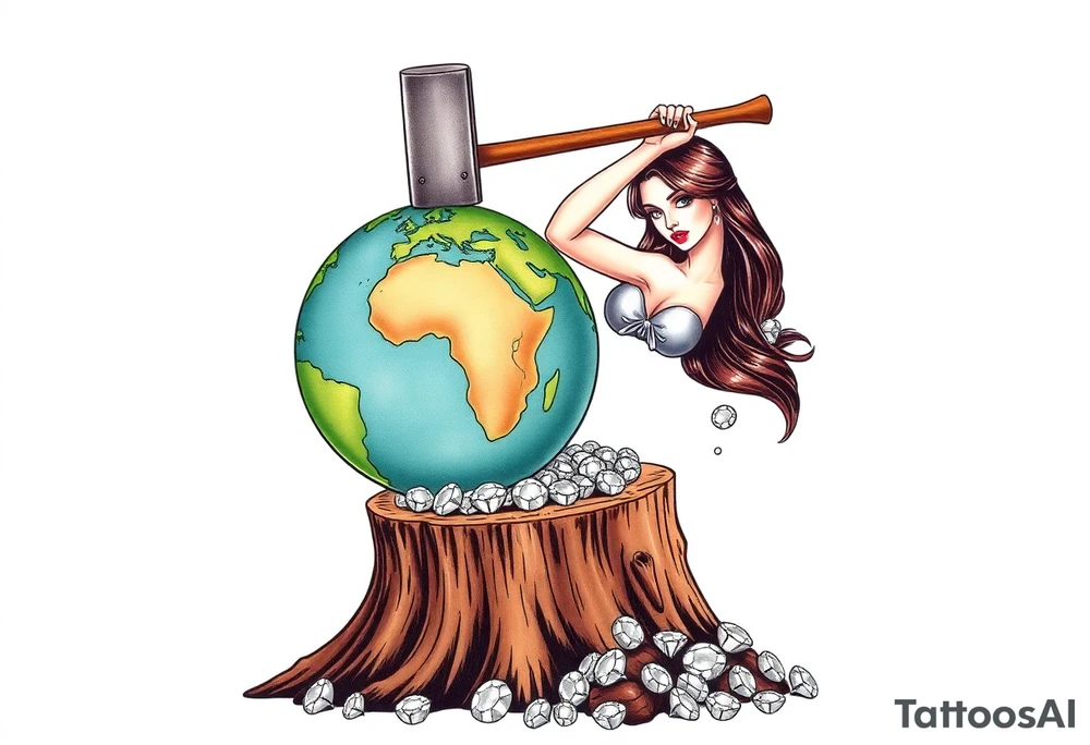 a very beautiful pin up girl, the pin up girl has her breasts exposed and in view, the pin up girl is wearing a g string, the pin up girl is swinging a large mallet overhead, the motion of swinging resembles an ax chopping wood, the mallet she is swinging is making contact with a earth globe, the earth globe is on top of a tree stump, the earth globe is half of the size of the diameter of the top surface of the tree stump, the earth globe is being squashed and compressed between the mallet and the trees stump, there is a pile of diamonds at the base of the tree stump, the idea is that the mallet is compressing the earth globe and the product is the diamonds that have fallen below, the idea is that the pin up girl if very beautiful, the idea is that pressure makes diamonds tattoo idea