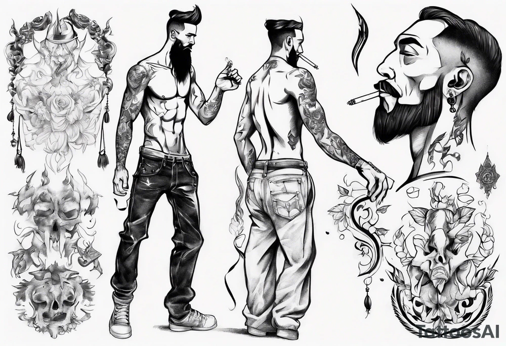 Man standing full-length, smoking, earrings in ears, no headgear tattoo idea