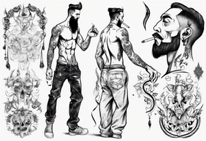 Man standing full-length, smoking, earrings in ears, no headgear tattoo idea
