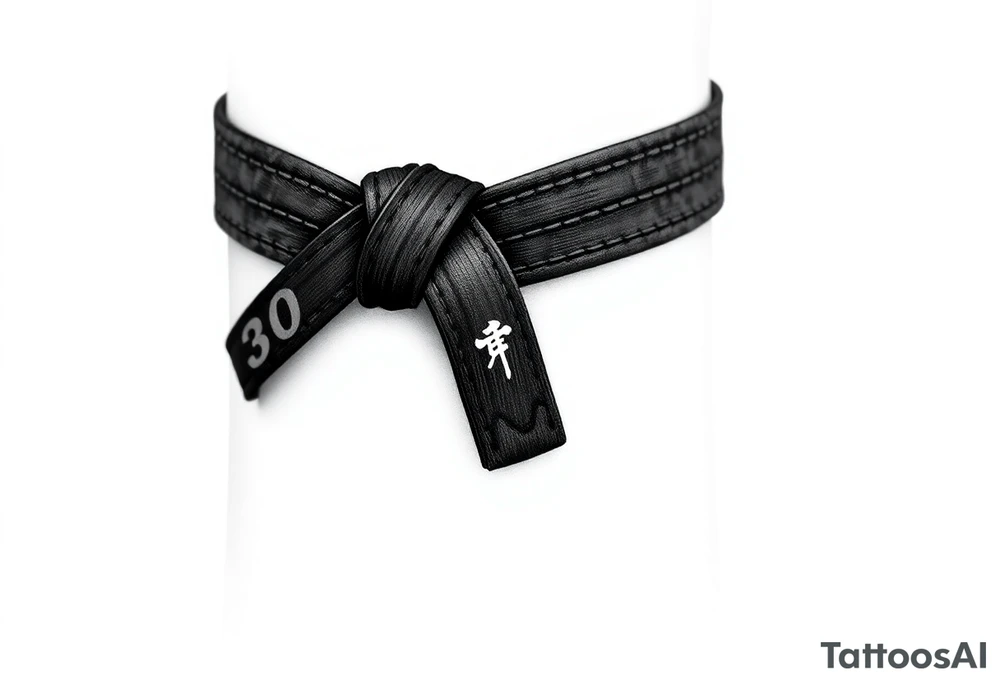 A realistic black and gray tattoo of a Brazilian Jiu-Jitsu black belt wrapping around the wrist like a bracelet. The belt is tied in a knot with one end showing the number 30 and the other showing 24. On the flat end of the belt, two Japanese kanji characters are inked in white: 成長 (growth) and 忍耐 (perseverance). The belt has subtle stitch marks and worn, textured shading for a slightly distressed, authentic look. The style is clean, symbolic, and bold, designed to wrap naturally around the wrist like a wristband.” tattoo idea