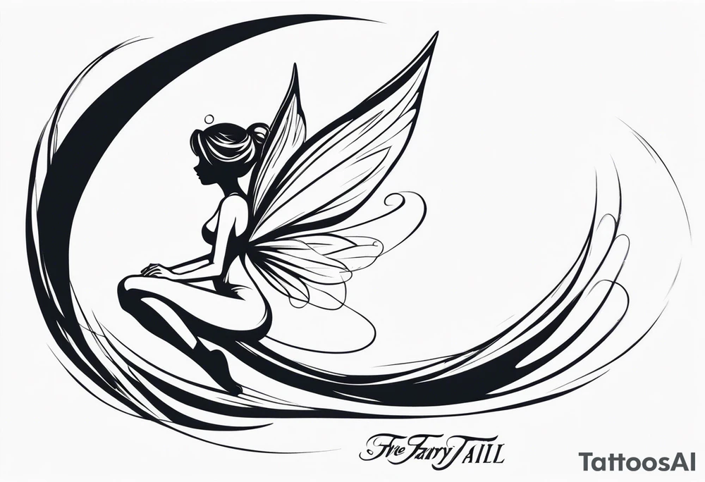 Minimalistic, monochromatic fairy with a tail flying to the left in a fetal position, leaning and looking in the same direction, with visible hands, embodying the 'Fairy Tail' logo aesthetic. tattoo idea