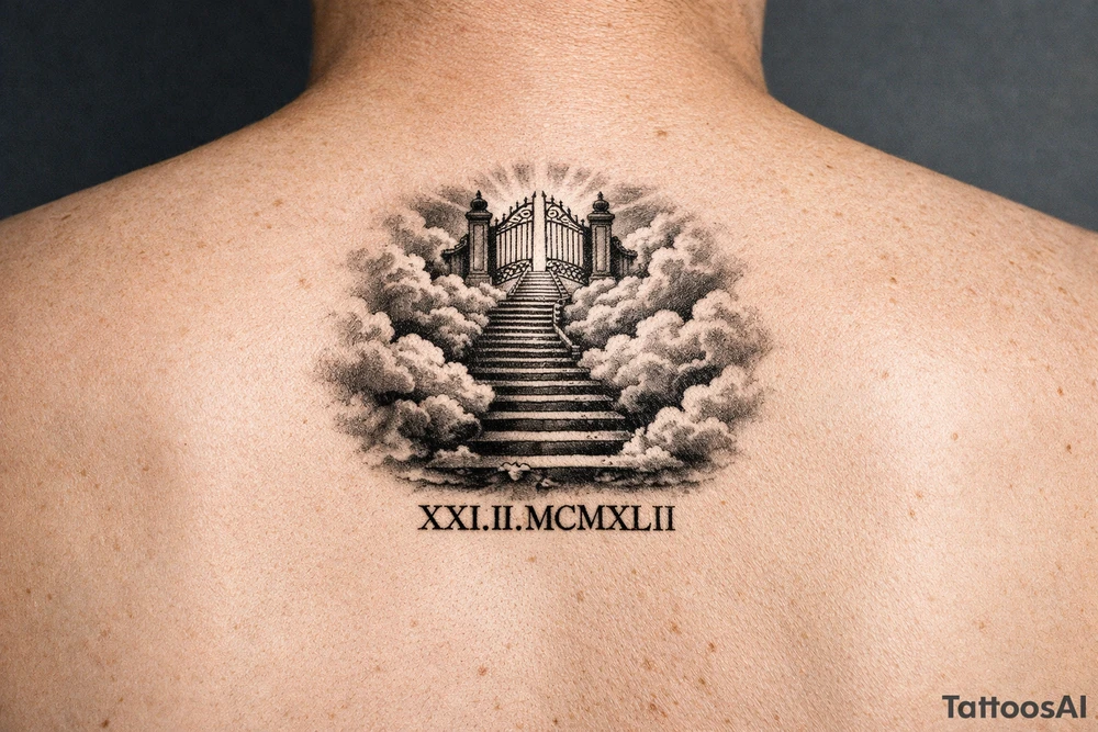 Stairway to heaven, with clouds surrounding the stairs, and the gate being at the top. A date, below the stairs, in Roman numerals 21.02.1942. tattoo idea