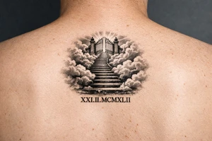 Stairway to heaven, with clouds surrounding the stairs, and the gate being at the top. A date, below the stairs, in Roman numerals 21.02.1942. tattoo idea
