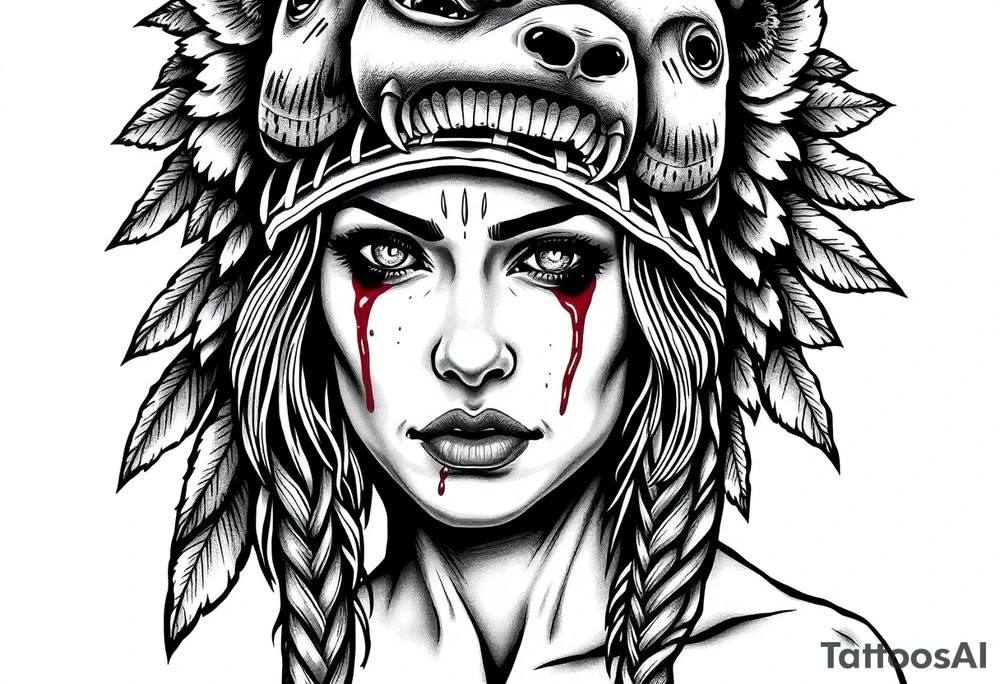 Beautiful Womans shedding a tear, with battle scars and blood on face, wearing a mean looking bear headdress on head tattoo idea