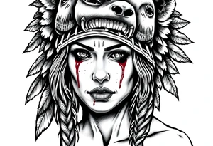 Beautiful Womans shedding a tear, with battle scars and blood on face, wearing a mean looking bear headdress on head tattoo idea