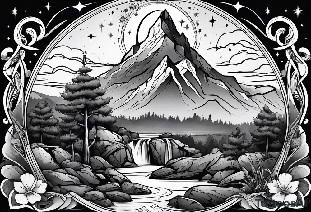 a family of three sitting in a nature with mountains, waterfall, water, and a cross in the background and a sun and moon in the sky with stars tattoo idea