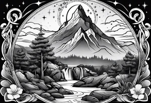 a family of three sitting in a nature with mountains, waterfall, water, and a cross in the background and a sun and moon in the sky with stars tattoo idea