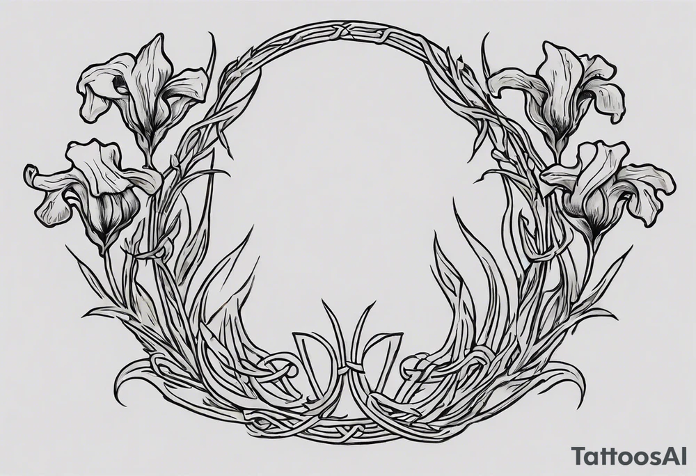 Create a small Vincent van Gogh Irises tattoo with Celtic knots. The tattoo should take the form of a crescent, with vines gracefully intertwining at a central point in the middle of the wreath. Ensure that the design avoids the appearance of a bush and maintains a more structured and deliberate arrangement. The intended placement is on the upper chest. The overall design should be small in size while maintaining a delicate and artistic aesthetic. Pay attention to the graceful flow of the vines and the placement of the irises to achieve a refined and elegant look. tattoo idea