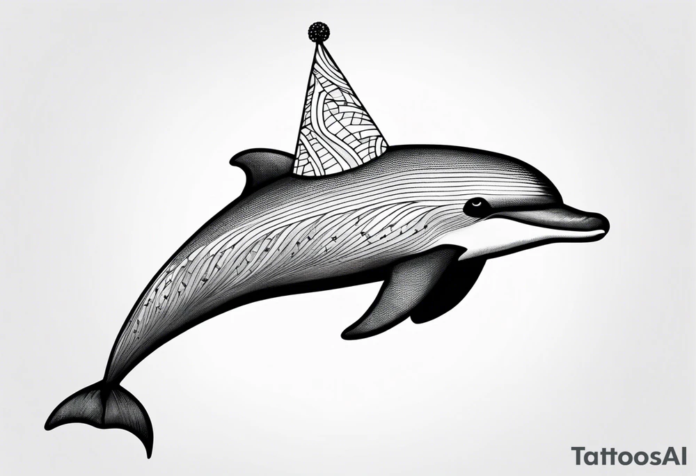 One dolphin wearing a party hat. Side view tattoo idea