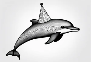 One dolphin wearing a party hat. Side view tattoo idea