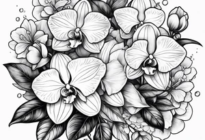 2 inch bouquet with hydrangeas and orchids tattoo idea