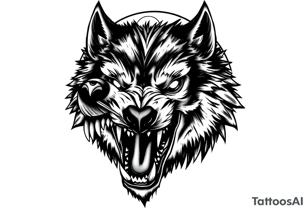 Detailed werewolf muzzle, bared teeth, glowing eyes, crescent moon silhouette behind. tattoo idea