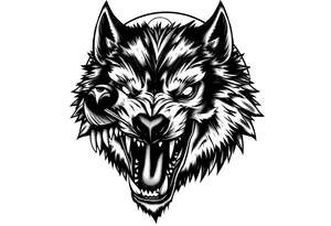 Detailed werewolf muzzle, bared teeth, glowing eyes, crescent moon silhouette behind. tattoo idea