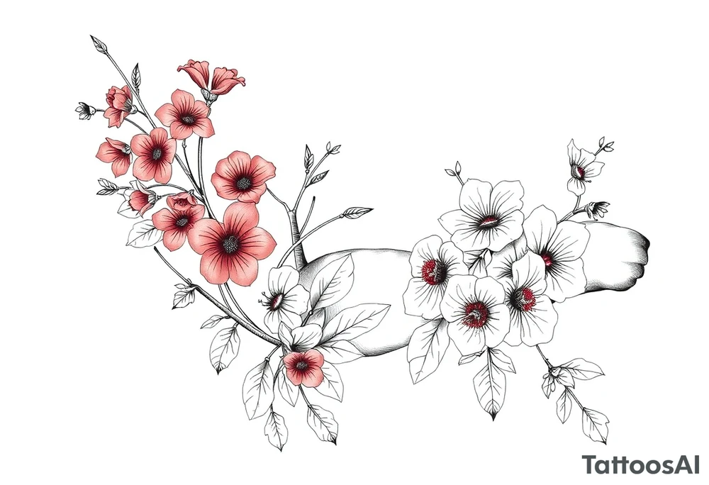 Full sleeve tattoo design of larkspur and hawthorn flowers, highly detailed line art, RED ink, elegant botanical style, intertwined composition, no shading, no human mock-up, clean stencil style suitable for tattooing, fit fully within boundaries. LINE ART ONLY, REMOVE HUMAN, NO SKIN, NO ARM, NO HUMAN BODY PARTS tattoo idea