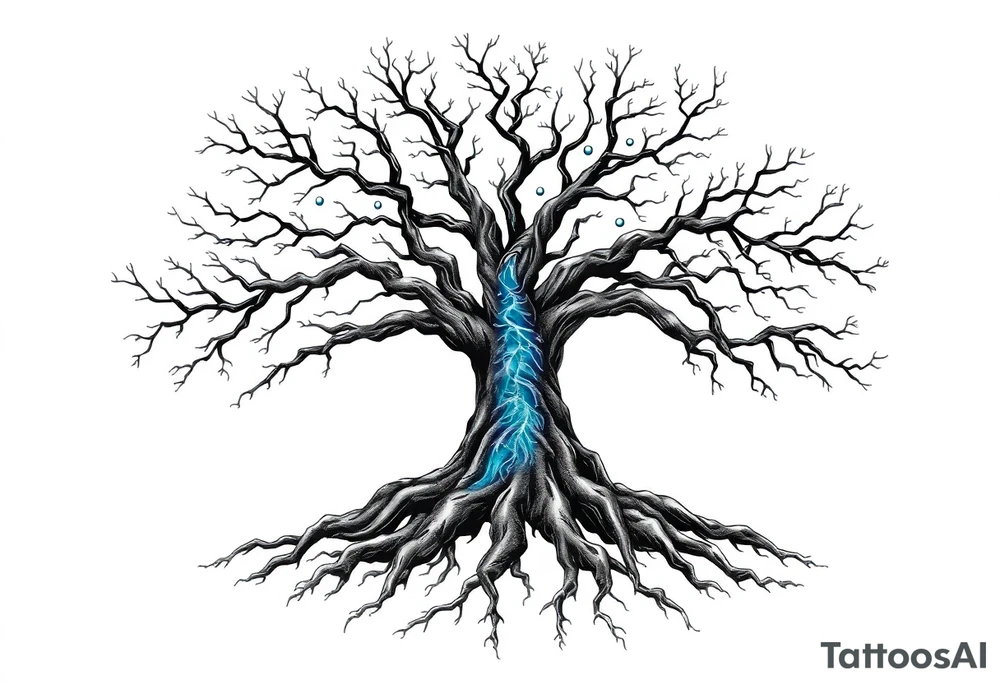Black and white Tree with roots. Blue water inside the whole tree like veins tattoo idea