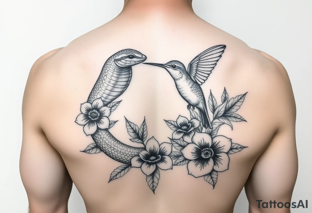 powerful beautiful hissing snake holds hummingbird with flowers tattoo idea