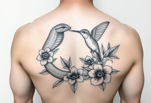 powerful beautiful hissing snake holds hummingbird with flowers tattoo idea