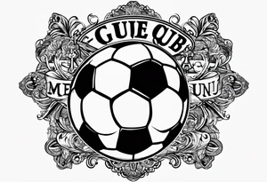 MÉS QUE UN CLUB text with soccer ball and a cross christian theme tattoo idea