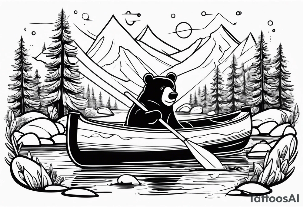 Un ours qui tient des rames dans un canoë sur un ruisseau avec des sapins tattoo idea