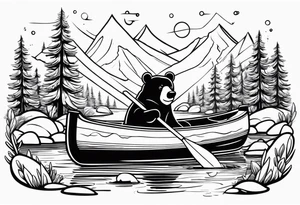 Un ours qui tient des rames dans un canoë sur un ruisseau avec des sapins tattoo idea