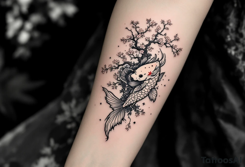 koi fish with a dragon 
with a sakura tree in the background, Japanese inspired piece tattoo idea