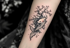 koi fish with a dragon 
with a sakura tree in the background, Japanese inspired piece tattoo idea