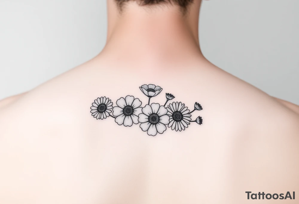Small flower bouquet with order of flowers, daisy, cosmo, poppy, chrysanthemum, cosmo tattoo idea