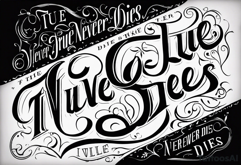 Old scripture lettering true love never dies tattoo idea