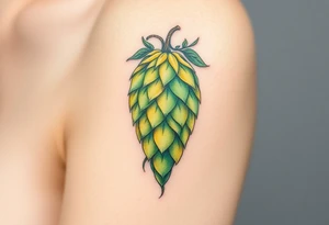 A detailed hop cone with deep green and golden hues, wrapped in barley stalks, symbolizing the essence of brewing tattoo idea