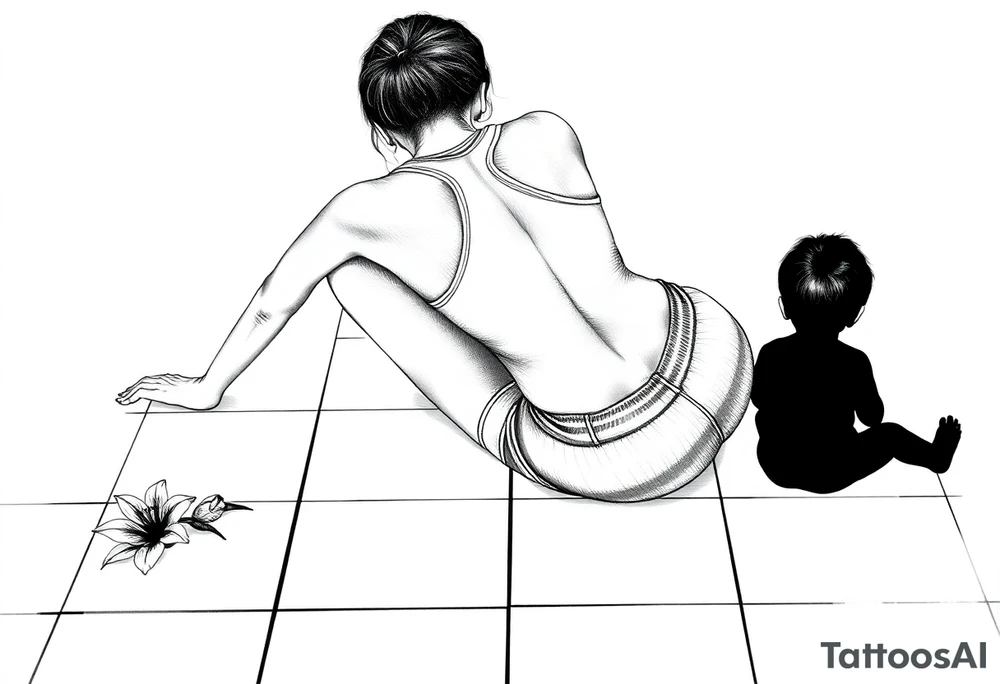 a tile floor with a minimalist realistic silhouette of the back of a thin woman sitting curled on the tile floor and a black silhouette of a young child sitting next to her with a lily next to them on the floor. The woman is wearing a Racerback tank top, running shorts, has dark hair pulled up high, and her head is down. tattoo idea