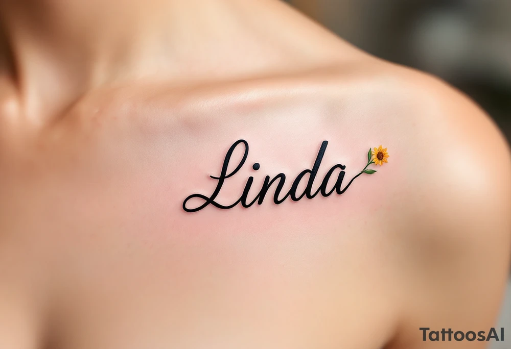 A vibrant sunflower in shades of yellow and orange with the daughter’s name Linda curved along the stem in black script. tattoo idea
