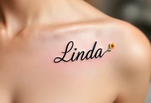 A vibrant sunflower in shades of yellow and orange with the daughter’s name Linda curved along the stem in black script. tattoo idea