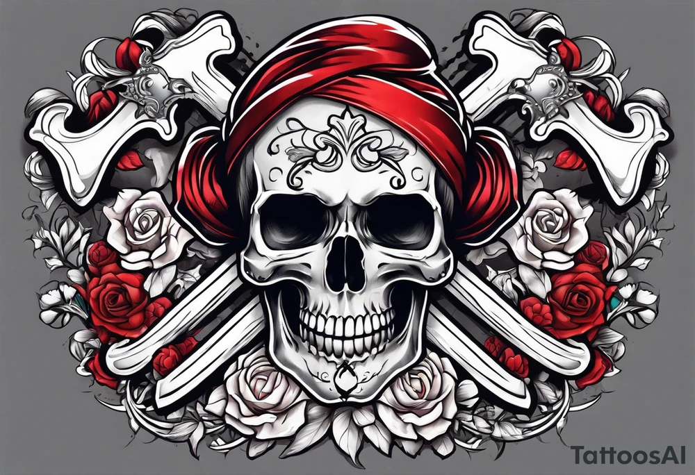 feminine skull and cross bones with hair in two buns tattoo idea