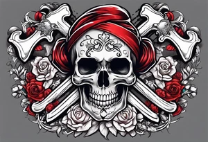 feminine skull and cross bones with hair in two buns tattoo idea
