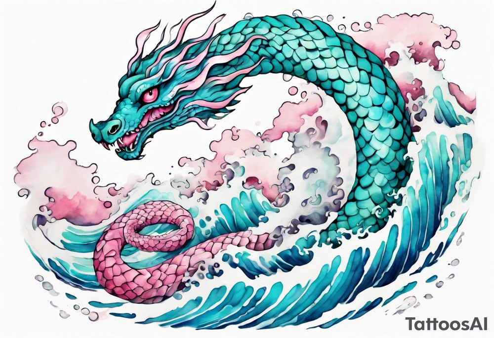 a turquoise and white and pink sea serpent with beautiful eyes rising from the blue waves of the ocean tattoo idea