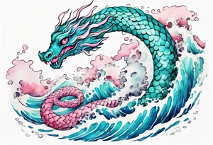 a turquoise and white and pink sea serpent with beautiful eyes rising from the blue waves of the ocean tattoo idea