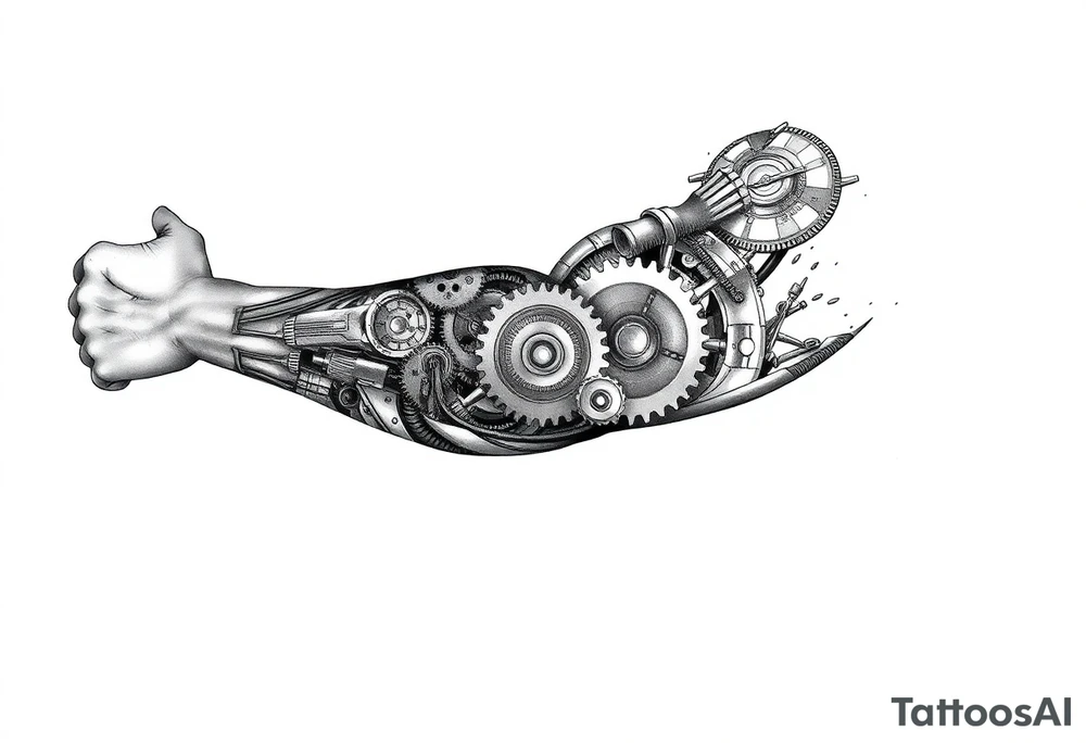 This biomechanical tattoo design creates the illusion of mechanical parts under the skin. It features gears, pistons, and wires, giving the arm a cybernetic look. Realistic shading enhances the fusion of flesh and machine tattoo idea