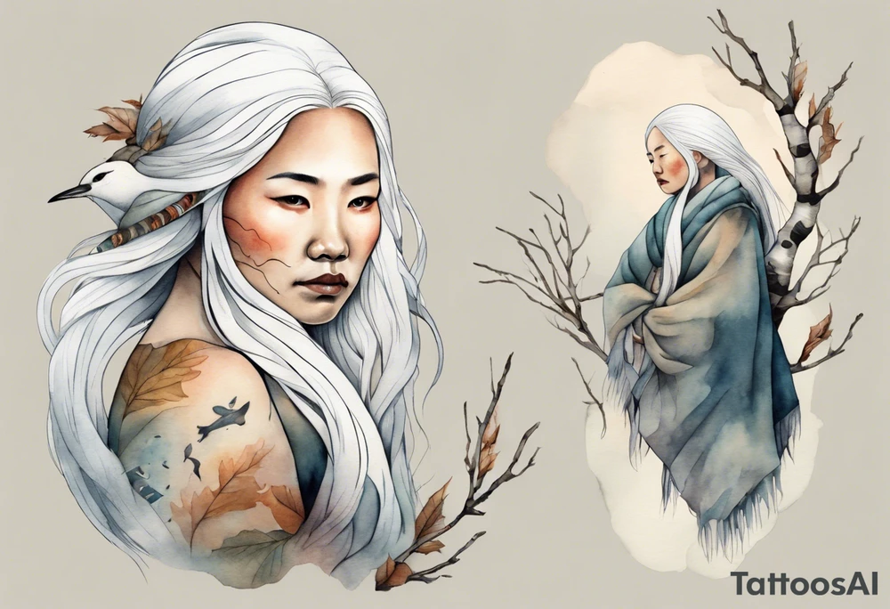 a solitary Inuit woman with long white hair holding onto a birch branch tattoo idea